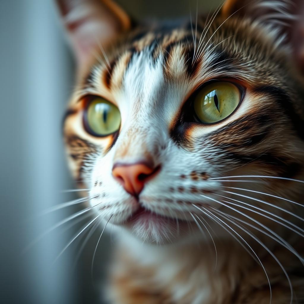 A close-up of a domestic cat's face, capturing the intricate details of its fur and whiskers, with vibrant green eyes reflecting the light