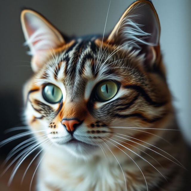 A close-up of a domestic cat's face, capturing the intricate details of its fur and whiskers, with vibrant green eyes reflecting the light