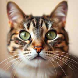 A close-up of a domestic cat's face, capturing the intricate details of its fur and whiskers, with vibrant green eyes reflecting the light