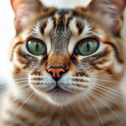 A close-up of a domestic cat's face, capturing the intricate details of its fur and whiskers, with vibrant green eyes reflecting the light