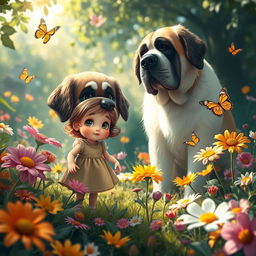 A charming and imaginative scene featuring a tiny girl and her oversized dog enjoying a whimsical adventure in a lush garden