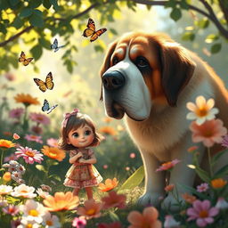 A charming and imaginative scene featuring a tiny girl and her oversized dog enjoying a whimsical adventure in a lush garden