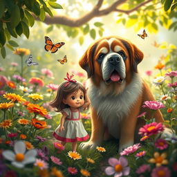 A charming and imaginative scene featuring a tiny girl and her oversized dog enjoying a whimsical adventure in a lush garden