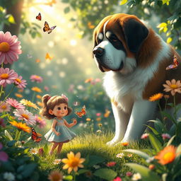 A charming and imaginative scene featuring a tiny girl and her oversized dog enjoying a whimsical adventure in a lush garden