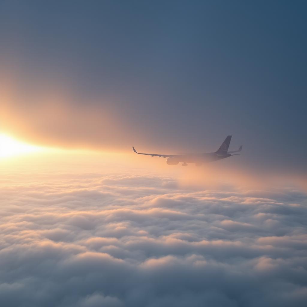 An Airbus A330-200 flying over the sea, viewed from above the clouds during a cloudy sunrise