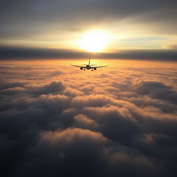 An Airbus A330-200 flying over the sea, viewed from above the clouds during a cloudy sunrise