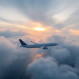 An Airbus A330-200 flying over the sea, viewed from above the clouds during a cloudy sunrise