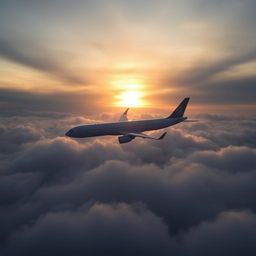 An Airbus A330-200 flying over the sea, viewed from above the clouds during a cloudy sunrise