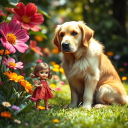 An imaginative and whimsical scene featuring a miniature girl and her giant, friendly dog exploring a colorful garden