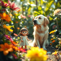 An imaginative and whimsical scene featuring a miniature girl and her giant, friendly dog exploring a colorful garden