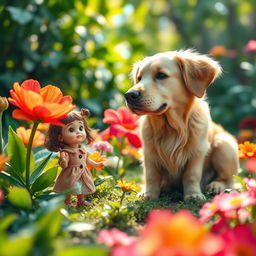 An imaginative and whimsical scene featuring a miniature girl and her giant, friendly dog exploring a colorful garden