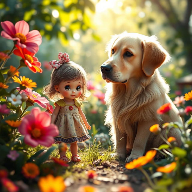 An imaginative and whimsical scene featuring a miniature girl and her giant, friendly dog exploring a colorful garden