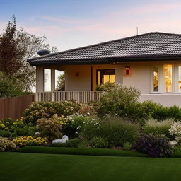 A suburban bungalow with welcoming and warm aesthetic, suitable for a family, surrounded by a lush, well-groomed garden