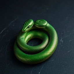 A highly detailed and realistic metallic green snake, twisting and coiling elegantly