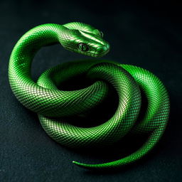 A highly detailed and realistic metallic green snake, twisting and coiling elegantly