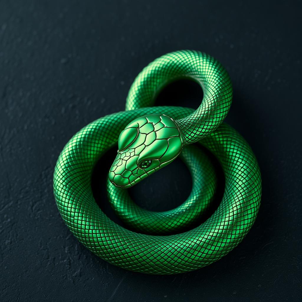 A highly detailed and realistic metallic green snake, twisting and coiling elegantly