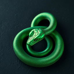 A highly detailed and realistic metallic green snake, twisting and coiling elegantly