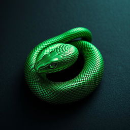 A highly detailed and realistic metallic green snake, twisting and coiling elegantly