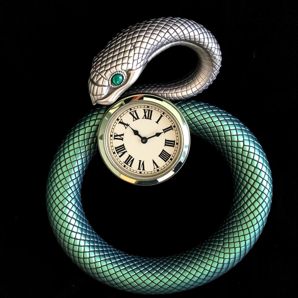 An intricately designed ouroboros snake with its head replaced by a sophisticated watch face, forming a perfect circle