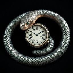 An intricately designed ouroboros snake with its head replaced by a sophisticated watch face, forming a perfect circle