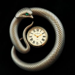 An intricately designed ouroboros snake with its head replaced by a sophisticated watch face, forming a perfect circle