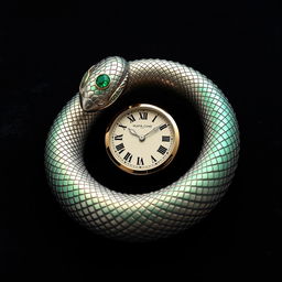 An intricately designed ouroboros snake with its head replaced by a sophisticated watch face, forming a perfect circle