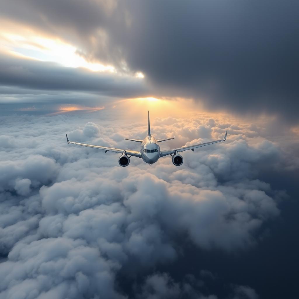 A majestic Airbus A330-200 soaring through a cloudy sky, captured from a head-on perspective above the clouds