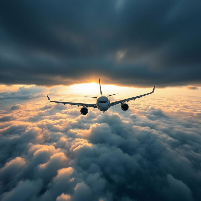 A majestic Airbus A330-200 soaring through a cloudy sky, captured from a head-on perspective above the clouds