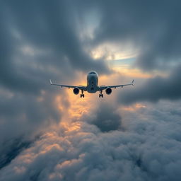 A majestic Airbus A330-200 soaring through a cloudy sky, captured from a head-on perspective above the clouds