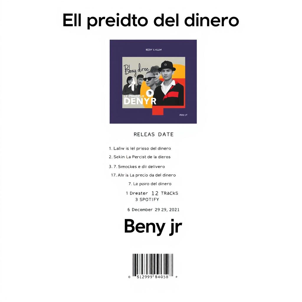 A clean, minimalist album poster for 'El precio del dinero' by Beny Jr in portrait orientation