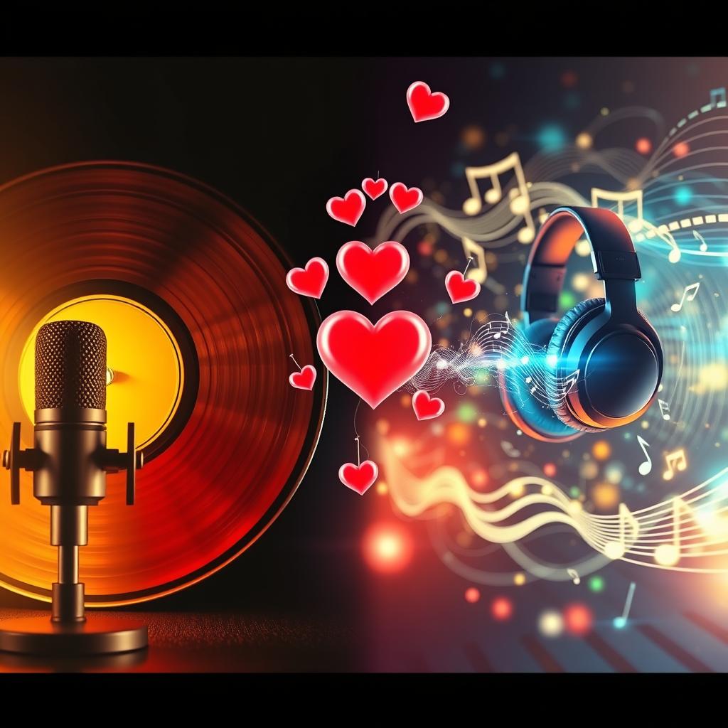 A captivating YouTube thumbnail featuring the theme of love intertwined with music purism versus music advancement