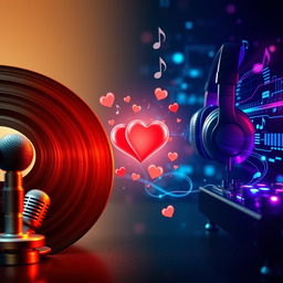 A captivating YouTube thumbnail featuring the theme of love intertwined with music purism versus music advancement