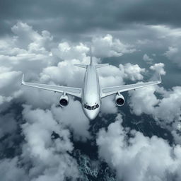 Head-on view of an Airbus A330-200 flying over the sea, seen from above the clouds