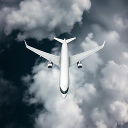 Head-on view of an Airbus A330-200 flying over the sea, seen from above the clouds