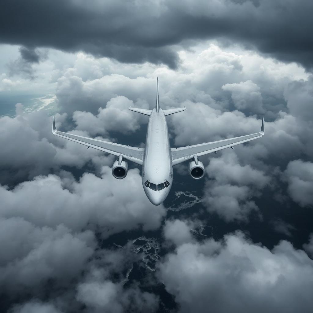 Head-on view of an Airbus A330-200 flying over the sea, seen from above the clouds