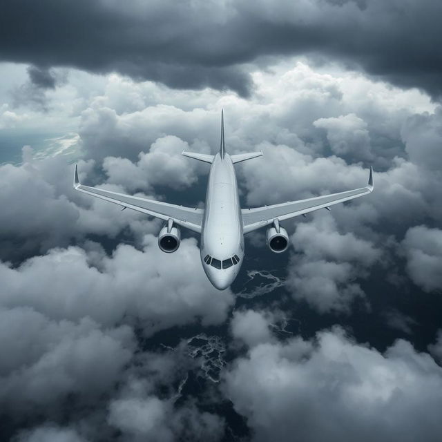 Head-on view of an Airbus A330-200 flying over the sea, seen from above the clouds