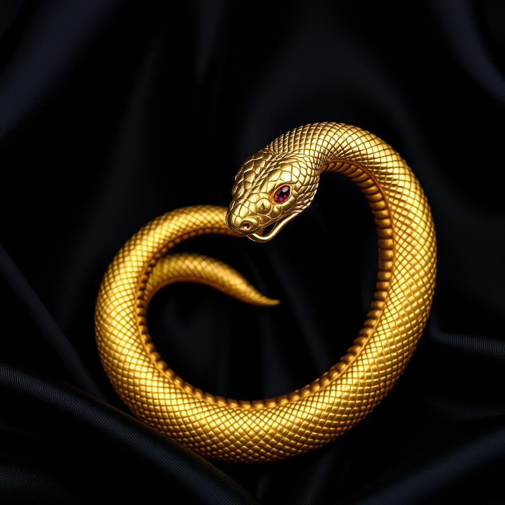 A luxurious and intricately designed ouroboros in the form of a golden snake, perfectly completing a circular shape by biting its own tail