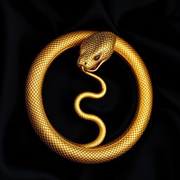 A luxurious and intricately designed ouroboros in the form of a golden snake, perfectly completing a circular shape by biting its own tail