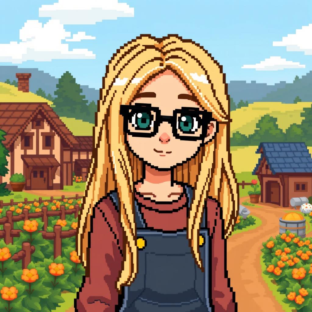 A pixel art character depicting a girl with long light hair, wearing black glasses, styled in the manner of a character from Stardew Valley, set in a rural landscape with charming farm buildings and vibrant crops