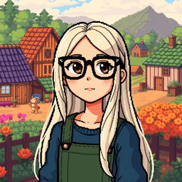 A pixel art character depicting a girl with long light hair, wearing black glasses, styled in the manner of a character from Stardew Valley, set in a rural landscape with charming farm buildings and vibrant crops