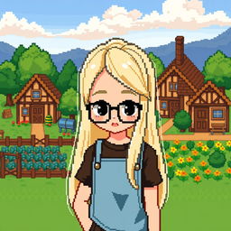 A pixel art character depicting a girl with long light hair, wearing black glasses, styled in the manner of a character from Stardew Valley, set in a rural landscape with charming farm buildings and vibrant crops