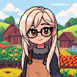 A pixel art character depicting a girl with long light hair, wearing black glasses, styled in the manner of a character from Stardew Valley, set in a rural landscape with charming farm buildings and vibrant crops