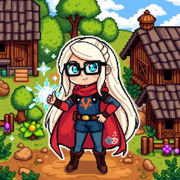 A pixel art character depicting a superpowered girl with long light hair, wearing black glasses, designed in a Stardew Valley style