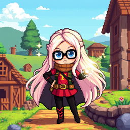 A pixel art character depicting a superpowered girl with long light hair, wearing black glasses, designed in a Stardew Valley style