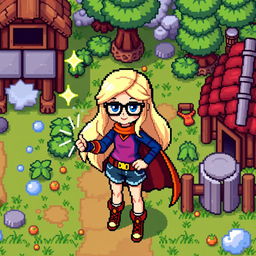 A pixel art character depicting a superpowered girl with long light hair, wearing black glasses, designed in a Stardew Valley style