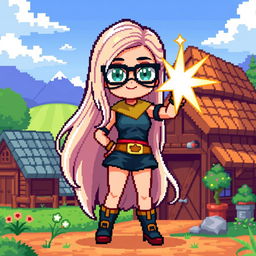 A pixel art character depicting a superpowered girl with long light hair, wearing black glasses, designed in a Stardew Valley style