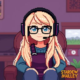 Pixel art character of a gamer girl with long light hair and blue eyes, wearing black glasses and gamer headphones