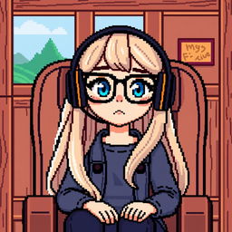 Pixel art character of a gamer girl with long light hair and blue eyes, wearing black glasses and gamer headphones