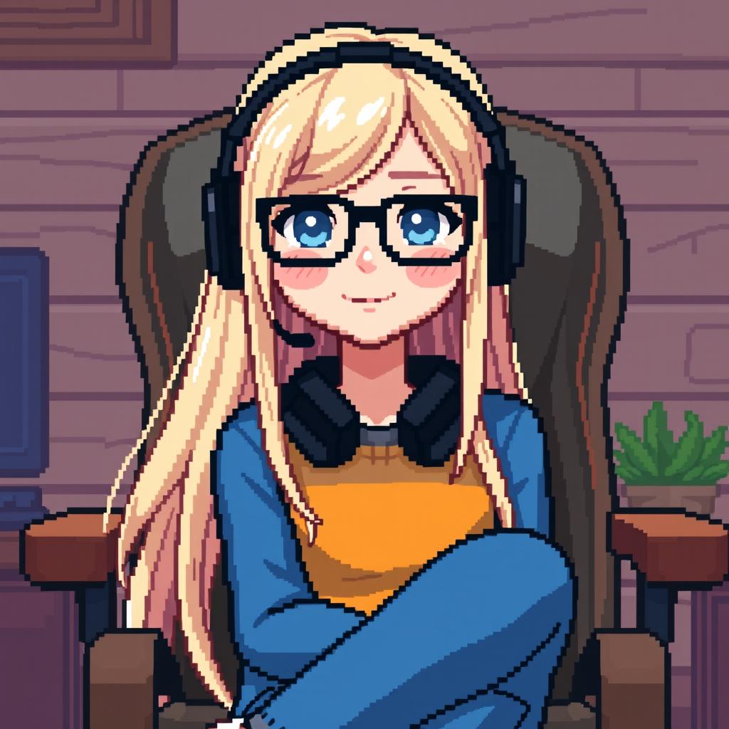 Pixel art character of a gamer girl with long light hair and blue eyes, wearing black glasses and gamer headphones