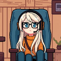 Pixel art character of a gamer girl with long light hair and blue eyes, wearing black glasses and gamer headphones